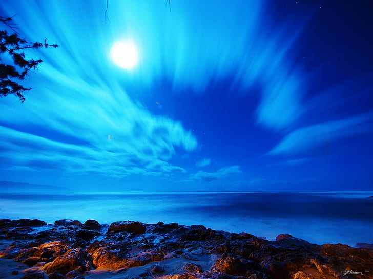 time lapse photography of sky and body of water during night time, moonlight shadow, time lapse photography, sky, body of water, night time, oahu  hawaii, night  long, long exposure, clouds, moon  light, shadows, tree, rocks, water  waves, ocean  pacific, pacific  island, shore, beach  sand, dex, oahu, sea, nature, sunset, beach, blue, rock - Object, coastline, landscape, scenics, outdoors, seascape, beauty In Nature, dusk, summer, night, water, sunlight, HD wallpaper