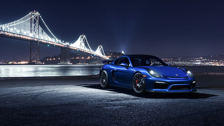 синьо спортно купе, кола, спортна кола, Супер кола, път, Porsche, Porsche Cayman GT4, мост, река, нощ, светлини, градски пейзаж, сини автомобили, превозно средство, HD тапет
