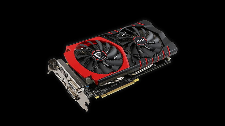 black and red MSI 2-fan graphics card, MSI, GTX980, PC gaming, minimalism, graphics card, technology, hardware, GPUs, HD wallpaper