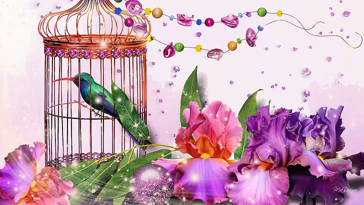 Iris Birds, s shiny, nature, beads, leaves, cage, bird, sparkle, flowers, spring, hummingbird, iris, puprle, HD wallpaper