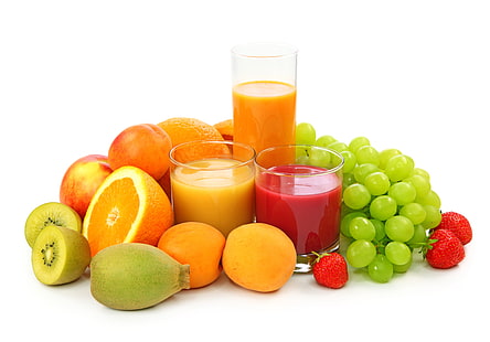 фруктовое ассорти, сок, чашки, фрукты, ягоды, куча, белый, три, HD обои HD wallpaper