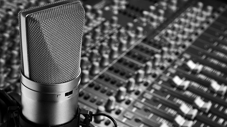 condenser microphone, monochrome, photography, closeup, microphone, mixing consoles, technology, music, depth of field, buttons, HD wallpaper