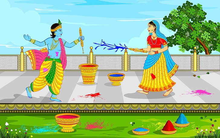 Lord Krishna Ve Radha Holi Oynarken, Lord Krishna illüstrasyon, Festivaller / Tatil, Tanrı, festival, lord krishna, tatil, radha, renkler, holi, HD masaüstü duvar kağıdı