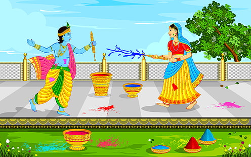 Lord Krishna och Radha spelar Holi, Lord Krishna illustration, festivaler / helgdagar, Gud, festival, lord krishna, semester, radha, färger, holi, HD tapet HD wallpaper