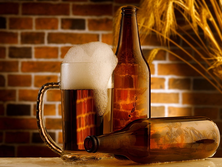 botellas, cerveza, espuma, jarra, Wallpaper HD