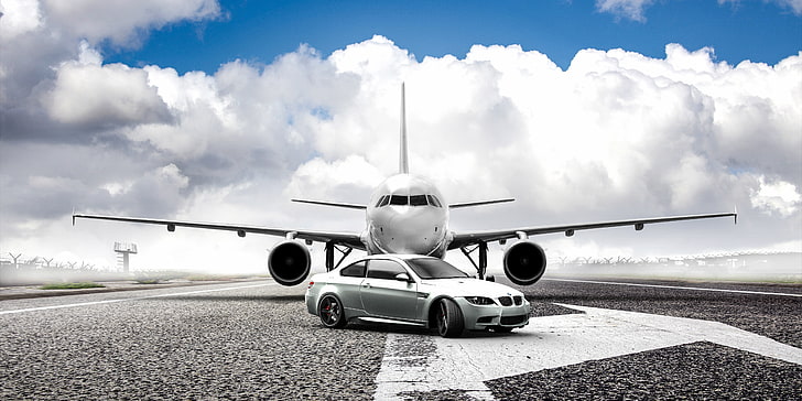 white airplane and silver coupe, the plane, BMW, silver, plane, e92, silvery, HD wallpaper