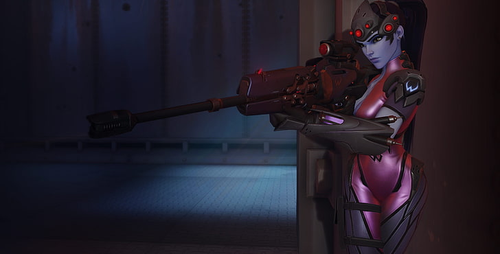 woman holding red and black gun illustration, Overwatch, video games, Widowmaker (Overwatch), HD wallpaper