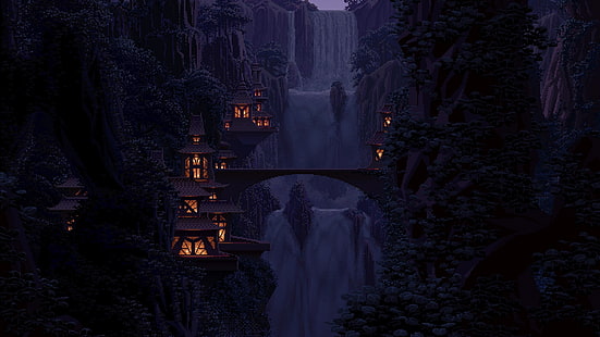 ilustracja szarego mostu, sztuka pikselowa, ciemność, dolina, wodospad, sztuka fantasy, sztuka cyfrowa, most, Tapety HD HD wallpaper