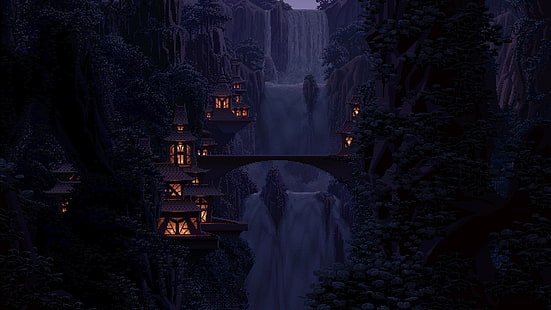 waterfall, digital art, dark, fantasy art, pixel art, bridge, valley, HD wallpaper HD wallpaper