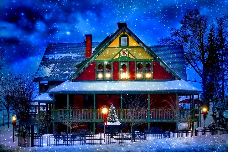 красный и серый деревянный дом, свет, снег, украшения, деревья, огни, дом, праздник, ограда, елка, зима, вечер, рождество, Новый год, HD обои