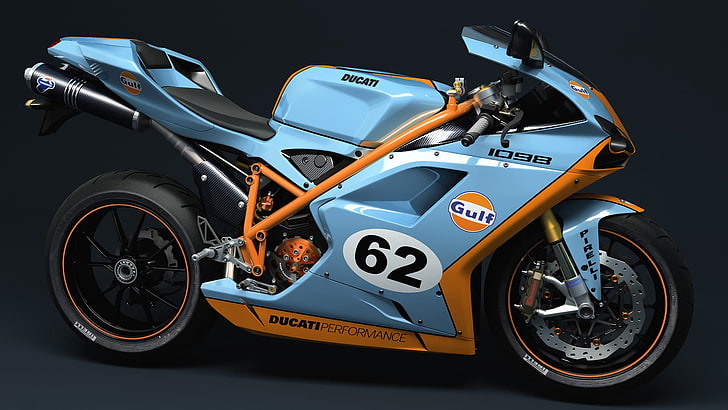 Motocicleta deportiva azul y naranja, Ducati, motocicleta, bicicletas, motos de carrera, fondo simple, Fondo de pantalla HD