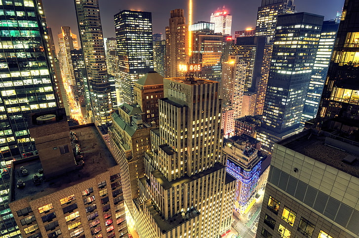 gray high-rise buildings, night, the city, Wallpaper, New York, City, skyscrapers, wallpapers, Midtown, Manhattan at Night, HD wallpaper