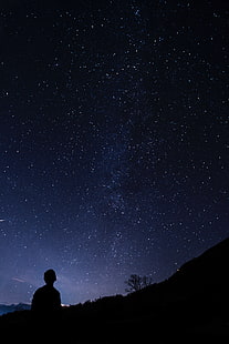 млечен път галактически център, силует, звездно небе, човек, нощ, HD тапет HD wallpaper