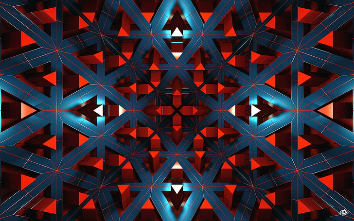 blue and red wooden wall decor, digital art, abstract, CGI, render, geometry, symmetry, triangle, mirrored, lines, HD wallpaper