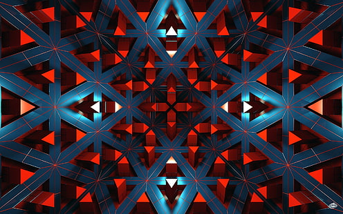 синий и красный декор деревянных стен, цифровое искусство, аннотация, компьютерная графика, рендеринг, геометрия, симметрия, треугольник, зеркальный, линии, HD обои HD wallpaper