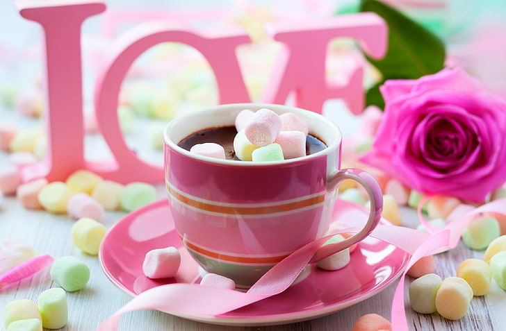 colorful, wallpaper, love, rose, flower, pink, cup, chocolate, sweet, Valentine's Day, drink, coffee, passion, sugar, table, Valentines Day, hana, hot chocolate, marshmallow leaf Konoha, Valentine Day, rose pink, HD wallpaper