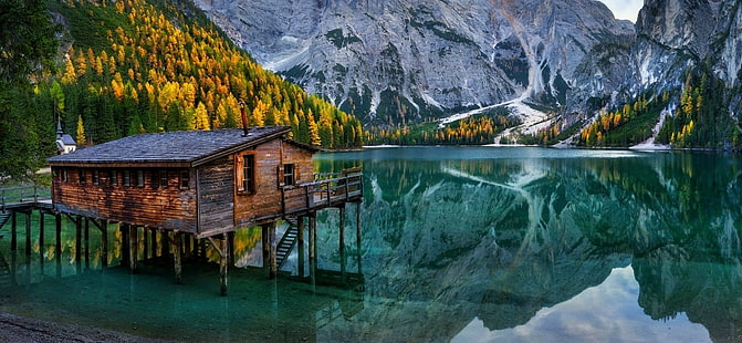 nature landscape lake mountain cabin chapel forest fall italy alps turquoise water reflection trees, HD wallpaper HD wallpaper