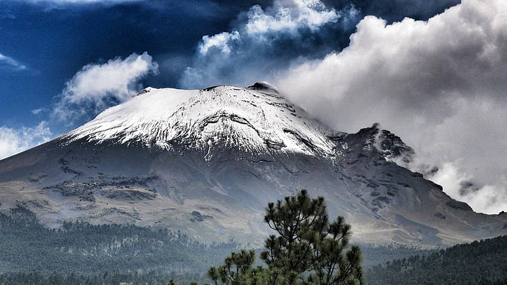 Popocatepetl, Мексико HD, облаци, Мексико, popocatepetl, сняг, дърво, вулкан, HD тапет