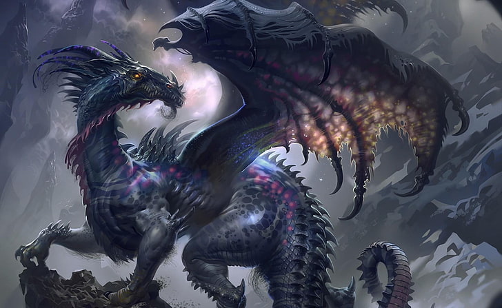 blue dragon illustration, dragon, wings, profile, rock, HD wallpaper