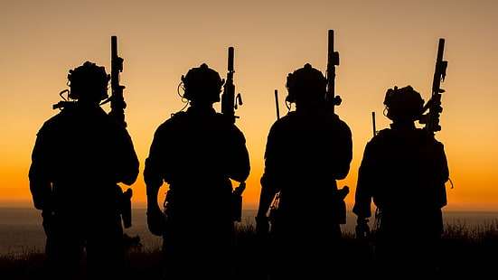 Militär, soldat, siluett, solnedgång, HD tapet HD wallpaper