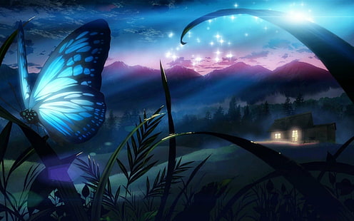 الفني ، الخيال ، الأزرق ، الفراشة ، الليل ، النجوم، خلفية HD HD wallpaper