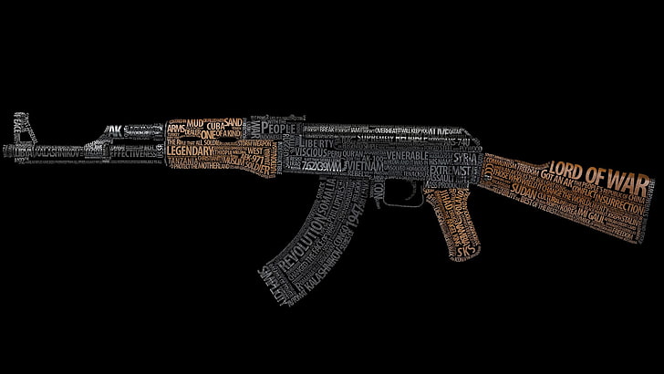 AK-47 word cloud, AK-47, kalashnikov, text, weapon, typography, black background, HD wallpaper