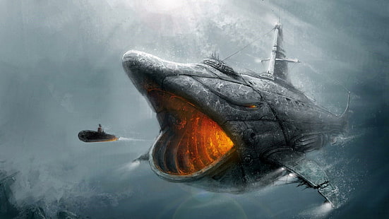 water, submarine, fantasy art, underwater, steampunk, artwork, HD wallpaper HD wallpaper