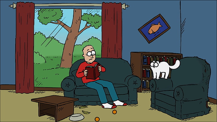 本の壁紙、サイモンの猫、漫画、猫、図面、カラフルなPhotoshopを読みながら青いソファに座っている男、 HDデスクトップの壁紙