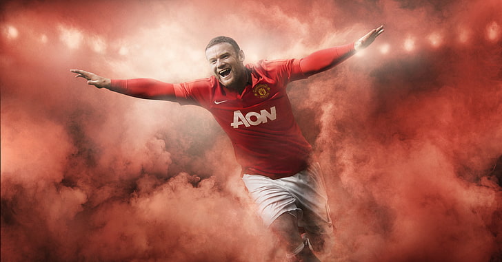 męska czerwona koszulka piłkarska Nike AON, piłka nożna, sport, Anglia, klub, forma, zawodnik, Wayne Rooney, Rooney, Manchester United, Tapety HD