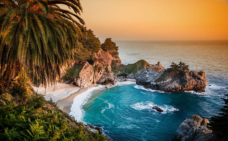 Stilla havet, Big Sur, Kalifornien, Beach, Mcway Falls, solnedgång, 4k bilder, HD tapet