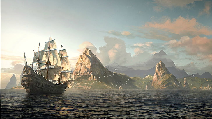 коричнево-белая иллюстрация галеона, лодка, море, остров, HD обои