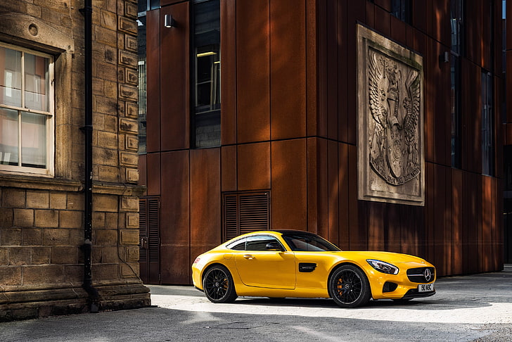 yellow Mercedes-Benz SLS AMG, car, Mercedes-AMG GT, vehicle, yellow cars, yellow, brown, sunlight, Mercedes-Benz, building, old building, HD wallpaper