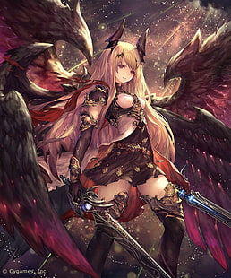 horns, anime, armor, anime girls, long hair, Shingeki no Bahamut, dress, blonde, wings, sword, HD wallpaper HD wallpaper