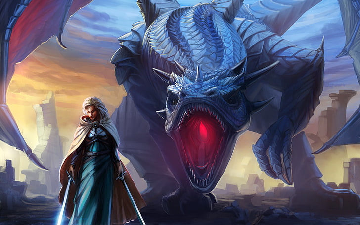женщина держит два меча возле дракона цифровые обои, девушка, дракон, крылья, меч, фэнтези, арт, рот, плащ, HD обои