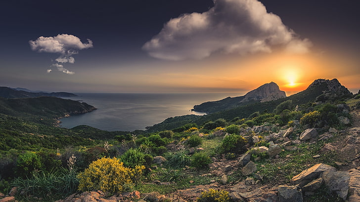 green mountain, corsica, france, mediterranean beach, HD wallpaper