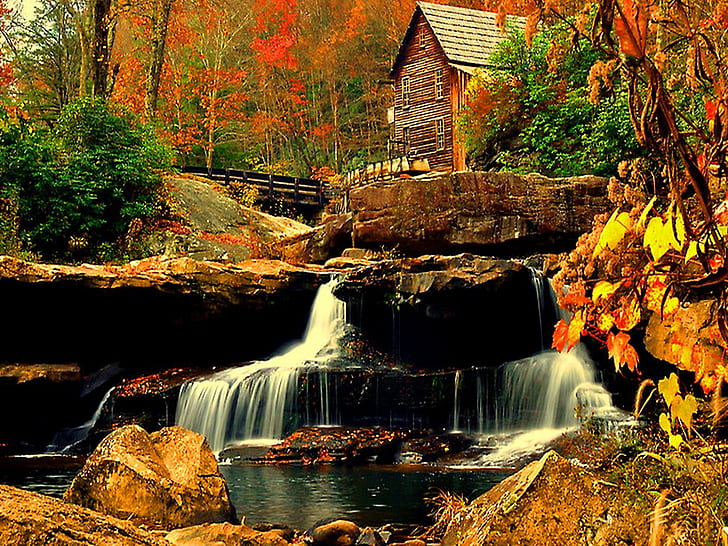 autumn colors House near the small waterfall Nature Forests HD Art , autumn, colors, fall, forest, house, mill, HD wallpaper