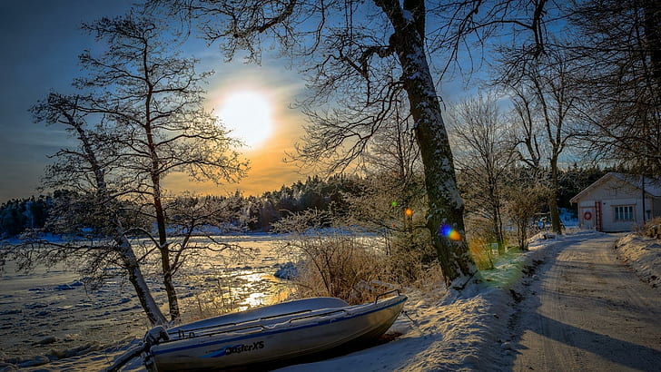 Winter Lake At Sundown, winter, lake, boat, trees, house, sundown, nature and landscapes, HD wallpaper