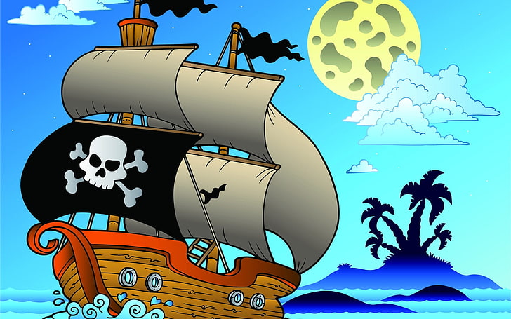 البني سفينة القراصنة قصاصة فنية ، البحر ، الإبحار ، القراصنة ، أشجار النخيل ، الأطفال، خلفية HD