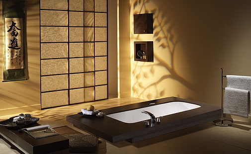 Baño japonés, bañera de cerámica blanca y grifo de acero inoxidable gris, arquitectura, japonés, baño, Fondo de pantalla HD HD wallpaper