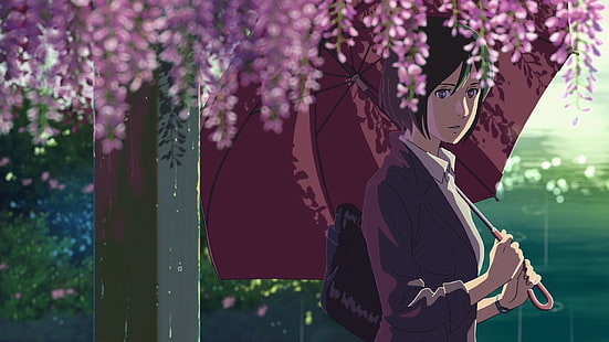 Yukino Yukari, Il giardino delle parole, ombrello, fiori, Makoto Shinkai, anime girls, anime, Sfondo HD HD wallpaper