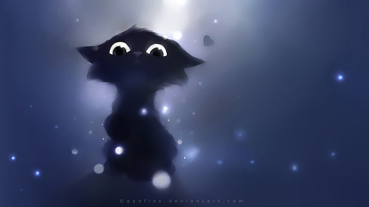 ilustracja czarny kotek, Apofiss, kot, proste tło, sztuka fantasy, Tapety HD