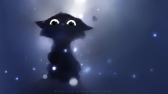 black kitten illustration, Apofiss, cat, simple background, fantasy art, HD wallpaper HD wallpaper