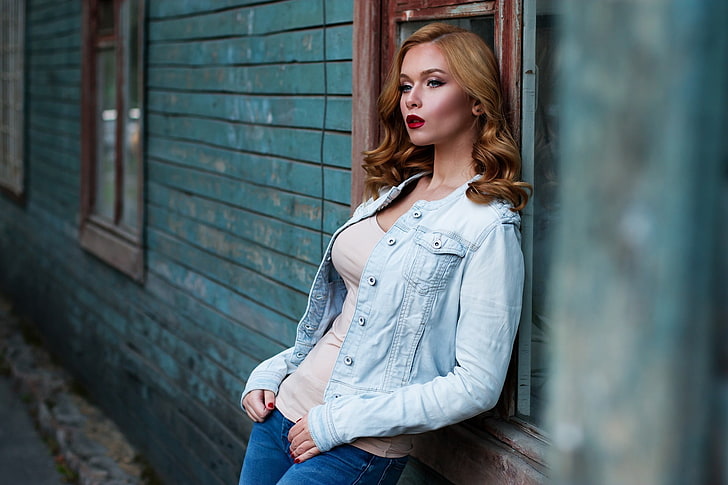 wanita, wanita Rusia, Model Rusia, berambut merah, potret, mode, rias, jeans, Wallpaper HD