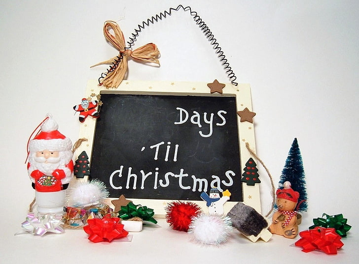 Days til Christmas signage, board, wishes, christmas, figures, santa claus, christmas trees, attributes, HD wallpaper