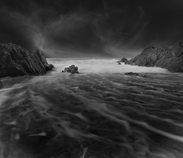 greyscale photography of body of water crashing into coastal rocks, Milky, Waters, greyscale, photography, body of water, coastal, rocks, White, World, Explore, exposure, Explored, Earth, Depth, Detail, Perspective, sea, nature, water, rock - Object, landscape, coastline, scenics, seascape, outdoors, wave, beach, HD wallpaper