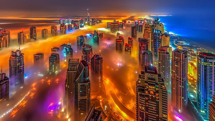 Hochhaus, VAE, Vereinigte Arabische Emirate, Zuckerwatte, Dubai Marina, Himmel, tagsüber, Touristenattraktion, Innenstadt, Dubai, Licht, Nacht, Skyline, Wahrzeichen, Wolkenkratzer, Metropole, Stadt, Stadtbild, HD-Hintergrundbild