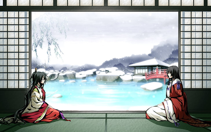two women's red-and-white dresses illustration, g yuusuke, game, girl, kimono, pond, snow, winter, bridge, HD wallpaper