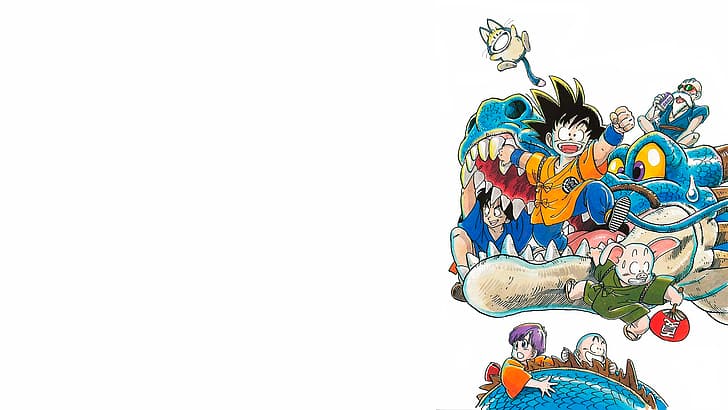 Dragon Ball, Son Goku, Kid Goku, Young Bulma, Bulma, Bulma Briefs (Dragon Ball), Yamcha, Krillin, Master Roshi, Shenron, manga, artwork, simple background, HD masaüstü duvar kağıdı