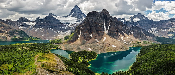 black rock mountain, sommar, skog, sjö, berg, moln, British Columbia, Kanada, snöig topp, panorama, vatten, grön, turkos, natur, landskap, HD tapet