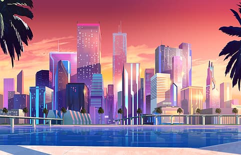 Moonbeam City, città, disegno, arte digitale, Miami, skyline, VHS, stile retrò, onda retrò, anni '80, palme, Sfondo HD HD wallpaper